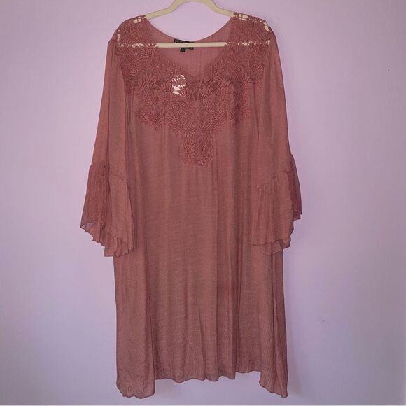 NEW J Gee 3X Boho Dress Midi Pink Eyelet Crochet Gauzy Bell Sleeve - Picture 1 of 9